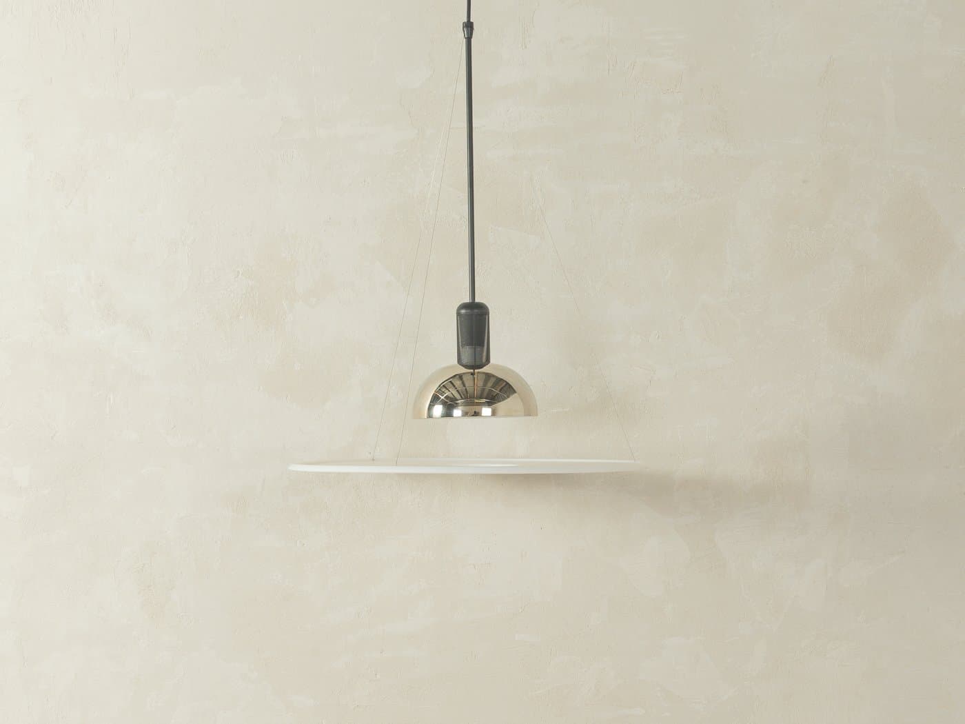 Pendant Lamp Frisbi, chrome silver, white acrylic, black plastic, by A. Castiglioni, Flos, Italy, 1970s. - 280170