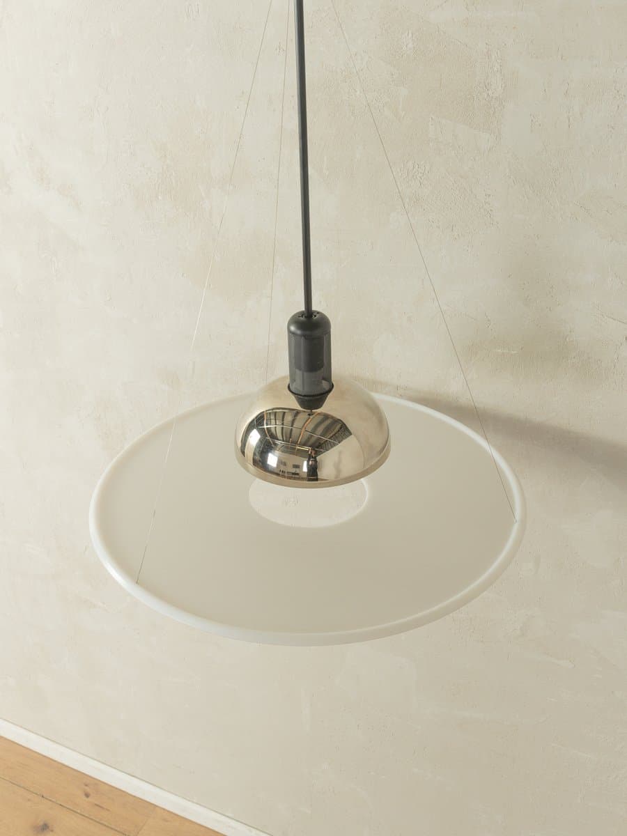 Pendant Lamp Frisbi, chrome silver, white acrylic, black plastic, by A. Castiglioni, Flos, Italy, 1970s. - 280164