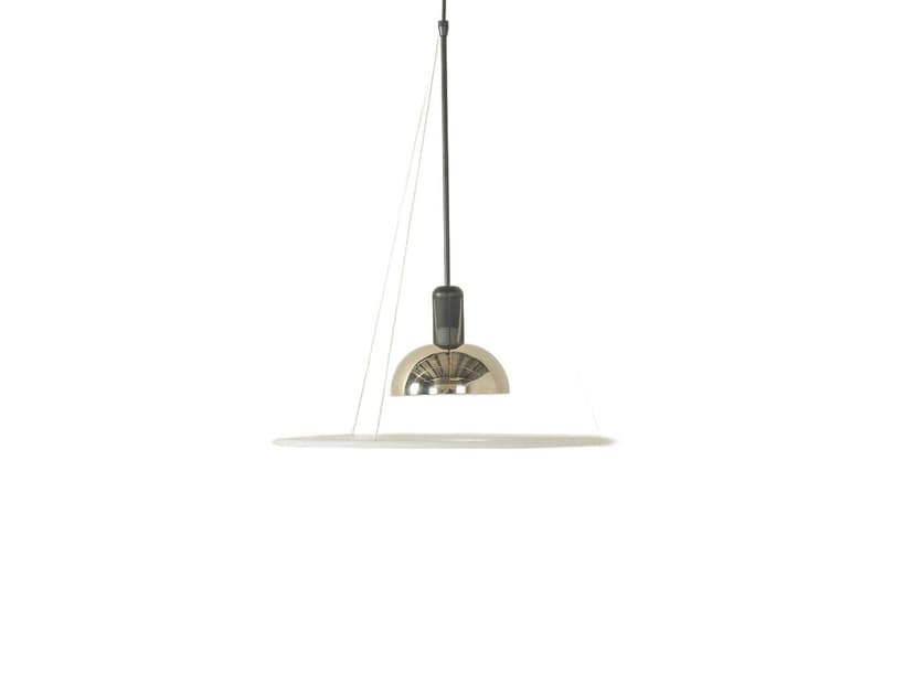 Pendant Lamp Frisbi, chrome silver, white acrylic, black plastic, by A. Castiglioni, Flos, Italy, 1970s.