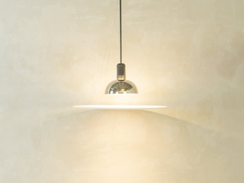 Pendant Lamp Frisbi, chrome silver, white acrylic, black plastic, by A. Castiglioni, Flos, Italy, 1970s. - 280168