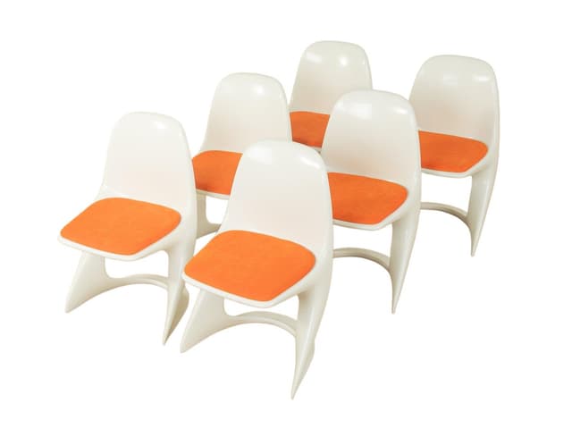 Zestaw sześciu krzeseł Casalino, biały, pomarańczowy, tworzywo, tkanina, proj. A. Begge, Casala, Niemcy, lata 70. - WYMIARY