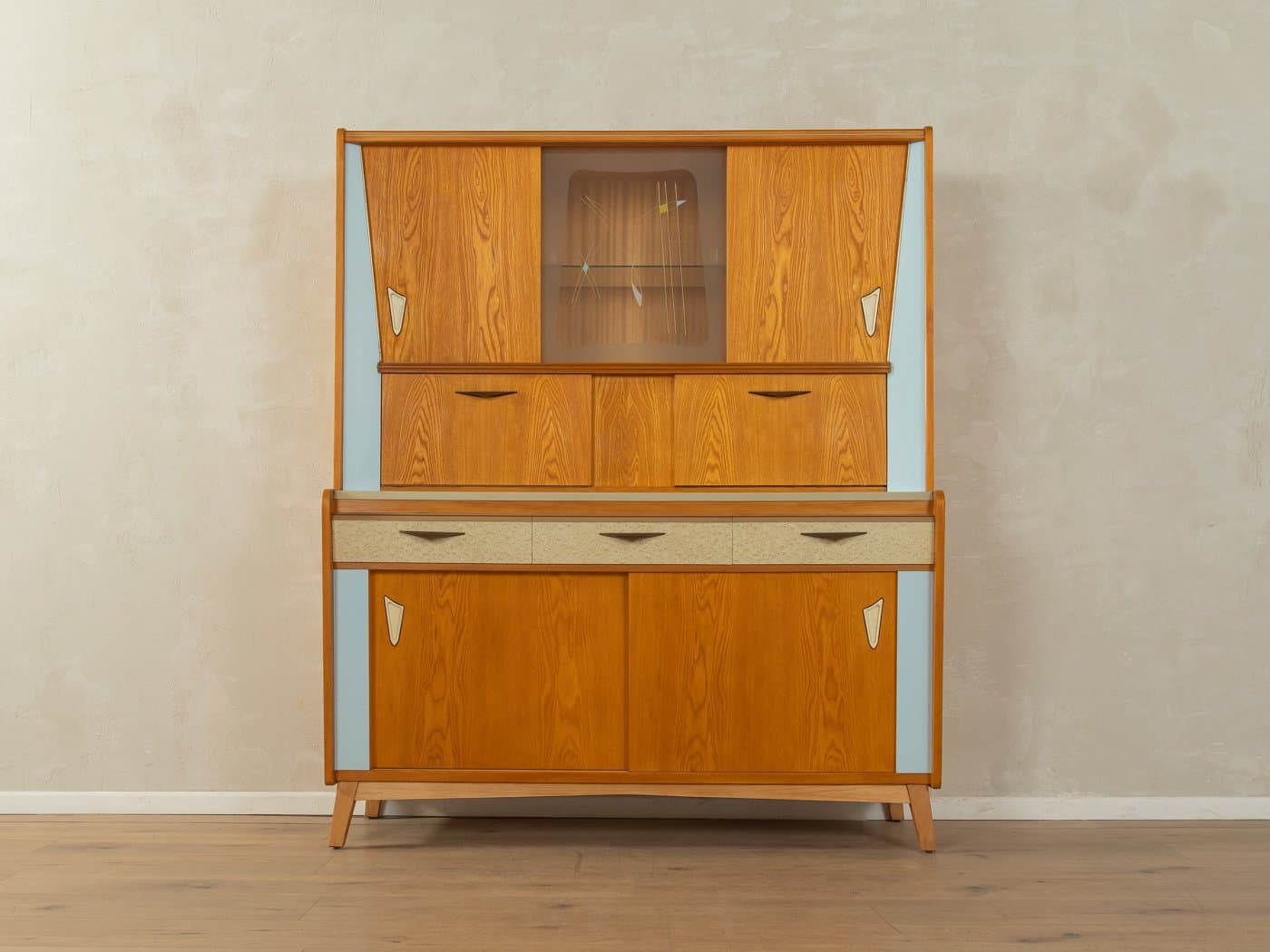 Kredens kuchenny, niebieski, jesion brązowy, szkło, Niemcy, lata 60. - 279543
