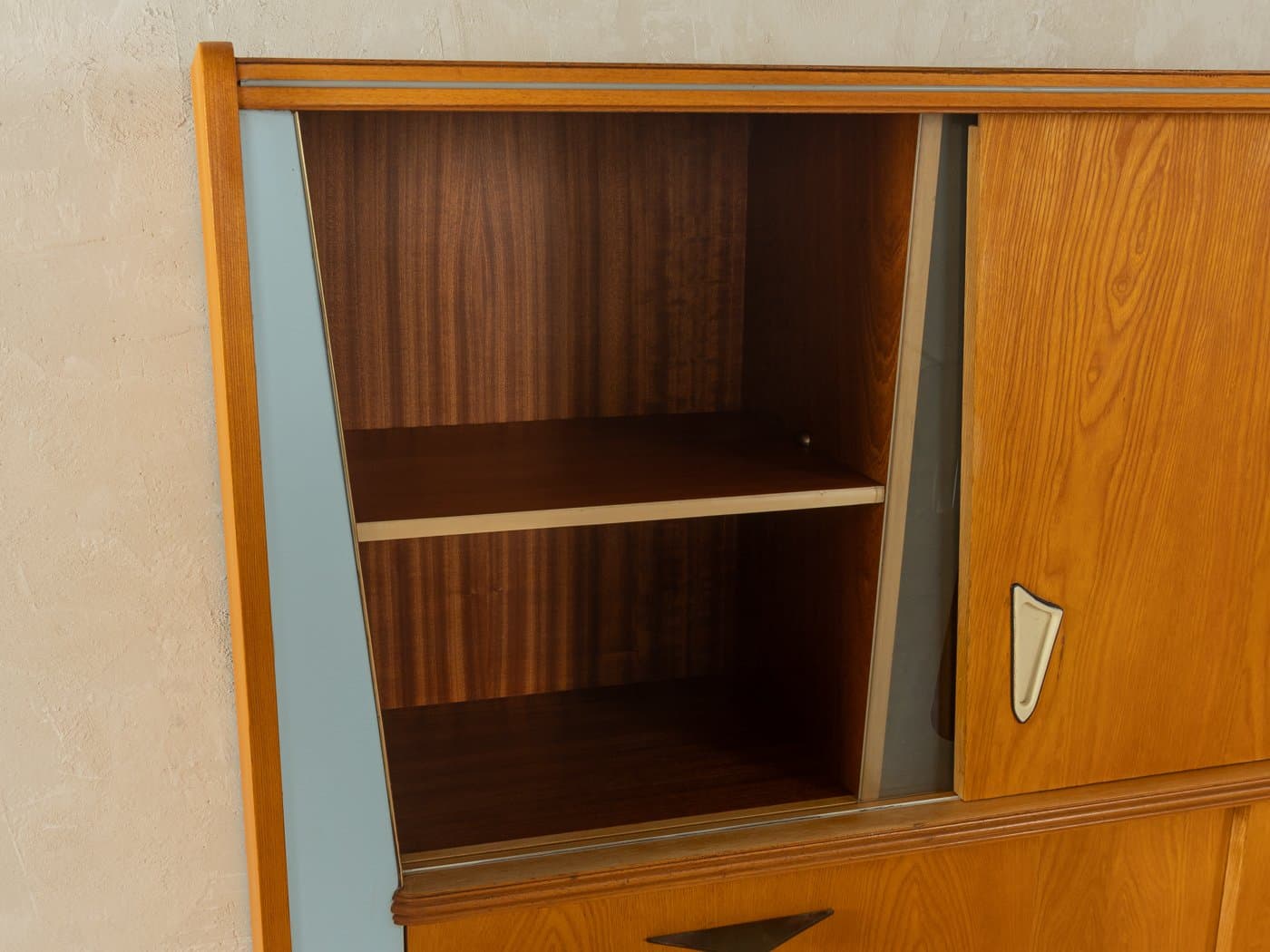 Kredens kuchenny, niebieski, jesion brązowy, szkło, Niemcy, lata 60. - 279548