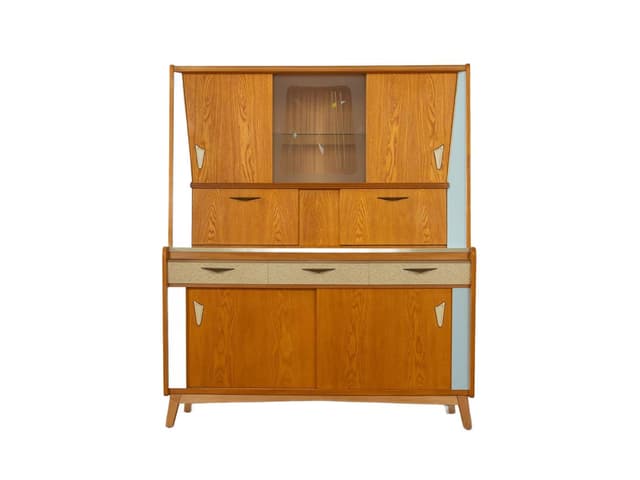 Kredens kuchenny, niebieski, jesion brązowy, szkło, Niemcy, lata 60. - WYMIARY