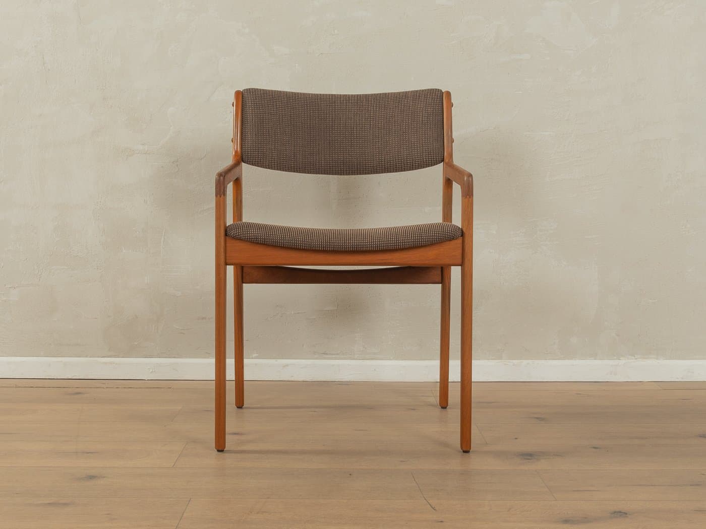 Zestaw czterech krzeseł jadalnianych, teak brązowy, tkanina brązowa, Dania, lata 60. - 279527