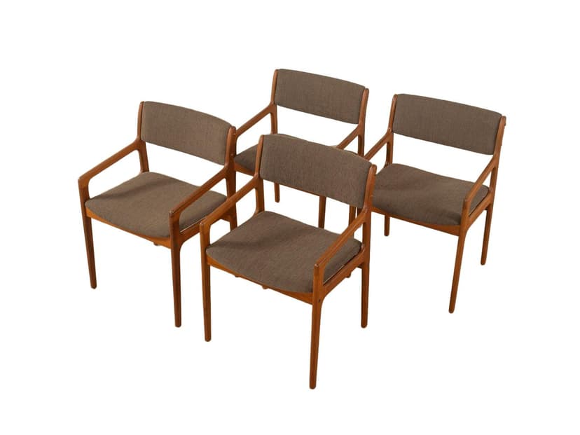 Zestaw czterech krzeseł jadalnianych, teak brązowy, tkanina brązowa, Dania, lata 60.