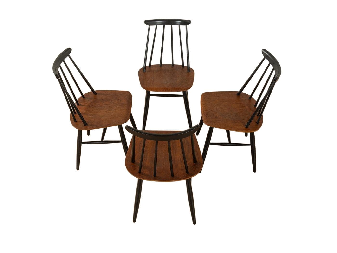 Zestaw czterech krzeseł Rung, jesion czarny, teak brązowy, proj. I. Tapiovaara, Asko, Finlandia, lata 60.