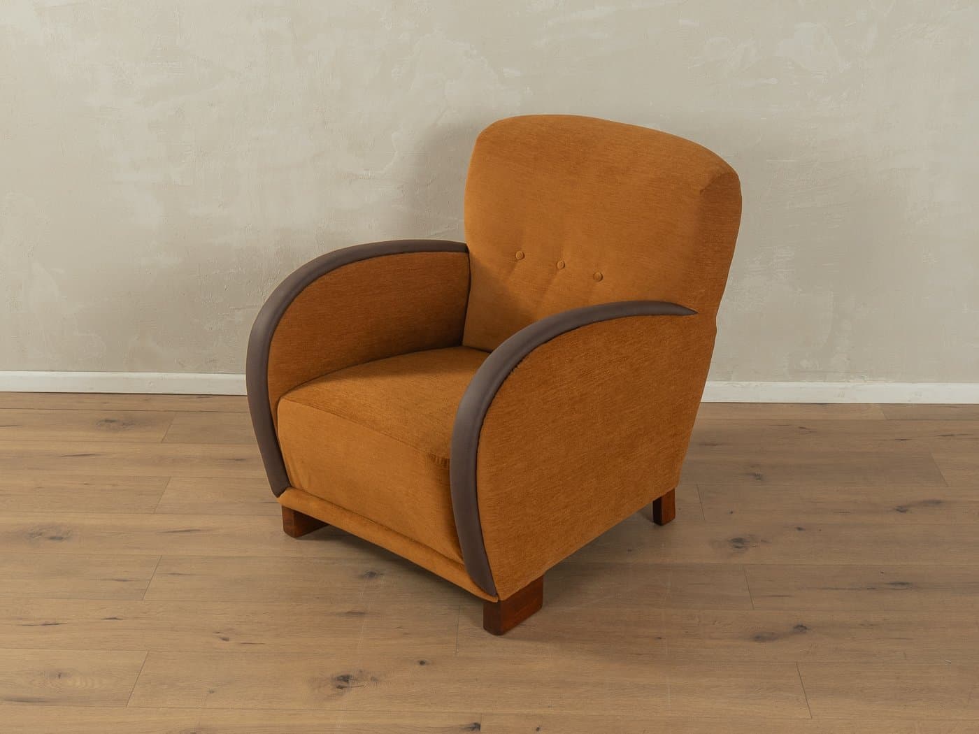 Fotel lounge Art Deco, wełna brązowa, skóra ekologiczna ciemnobrązowa, drewno brązowe, Niemcy, lata 30. - 279465