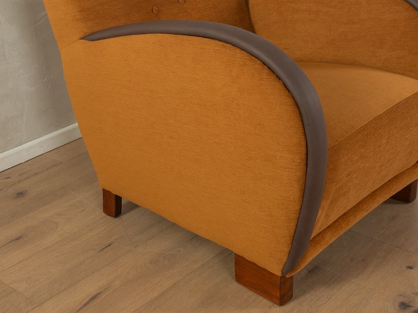 Fotel lounge Art Deco, wełna brązowa, skóra ekologiczna ciemnobrązowa, drewno brązowe, Niemcy, lata 30. - 279469