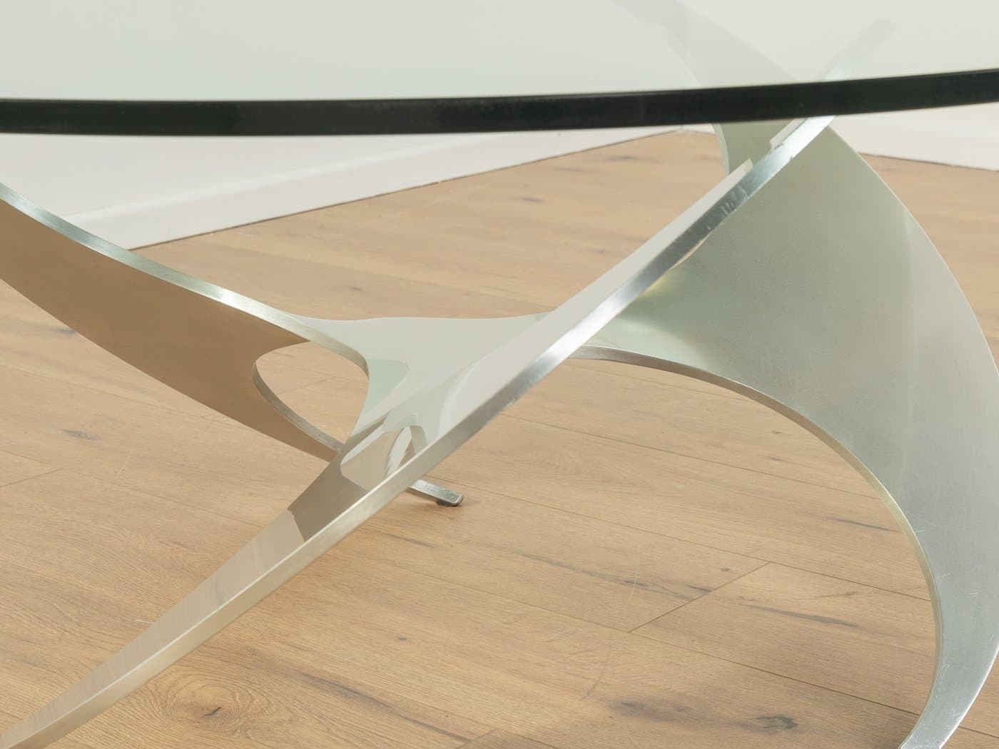 Coffee table Propeller, transparent glass, silver aluminum, by K. Hesterberg, Ronald Schmitt, Germany, 1960s. - 279423