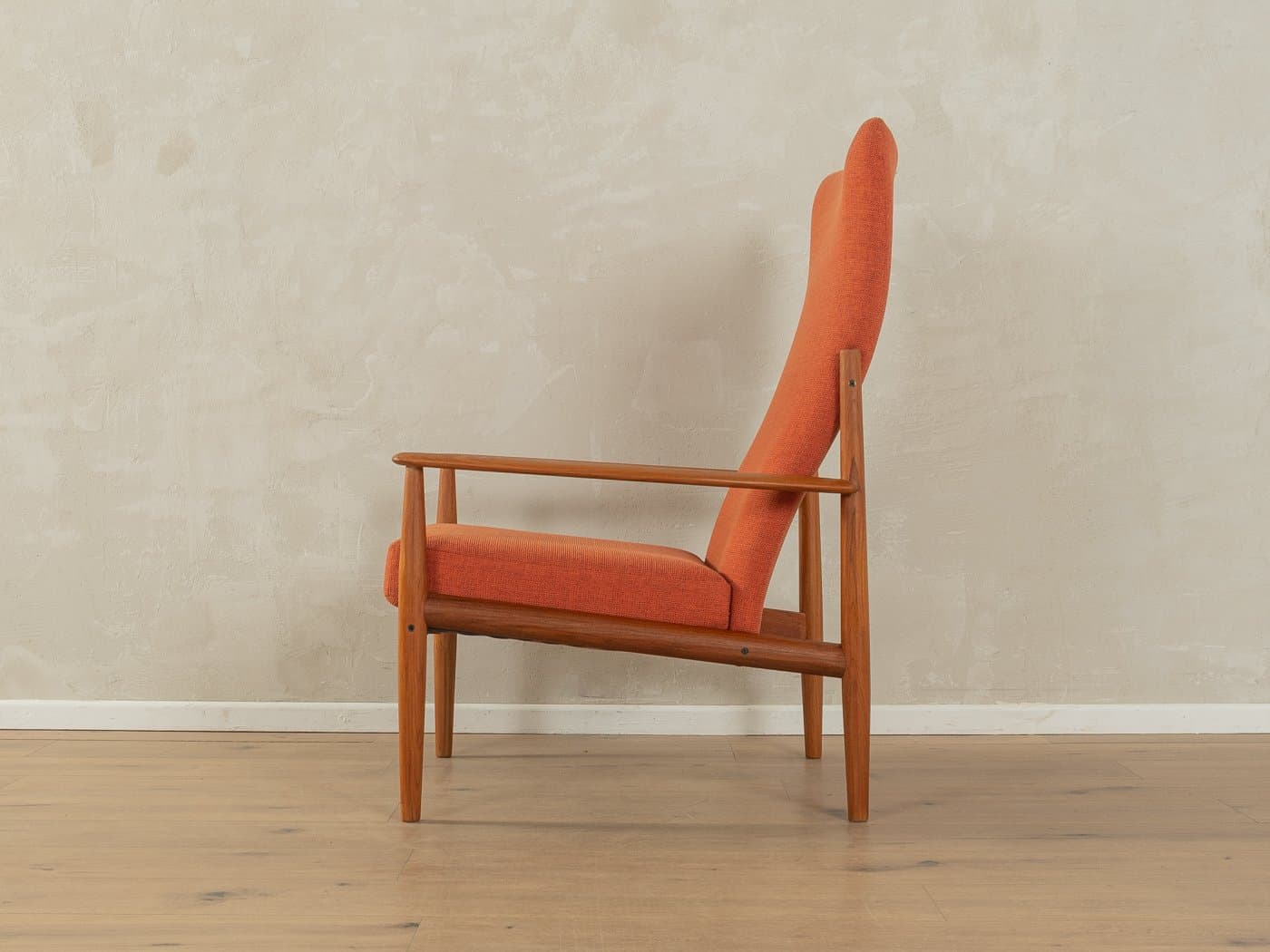 Fotel, teak brązowy, tkanina terakota, proj. G. Jalk, France & Søn, Dania, lata 60. - 279404