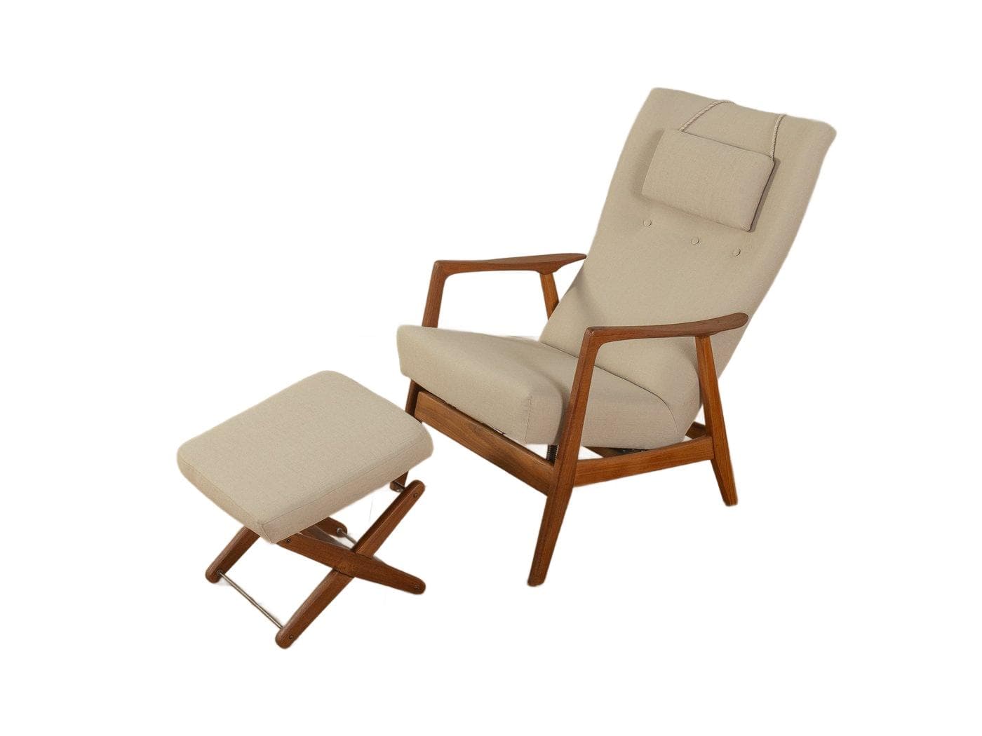 Zestaw fotel i podnóżek Rock Siesta, beżowy, teak, Norwegia, lata 50.