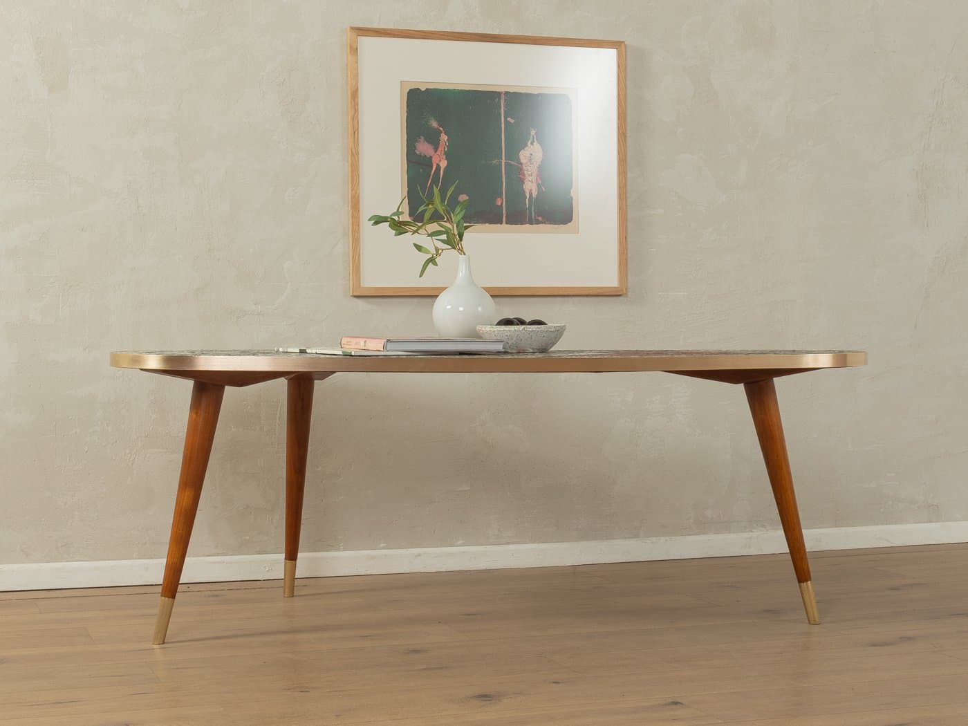 Stolik kawowy mozaika, buk brązowy, mosiądz złoty, Niemcy, lata 60. - 279337