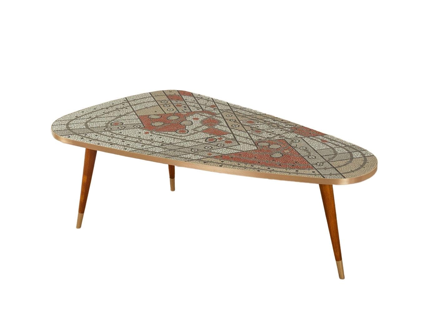 Stolik kawowy mozaika, buk brązowy, mosiądz złoty, Niemcy, lata 60.