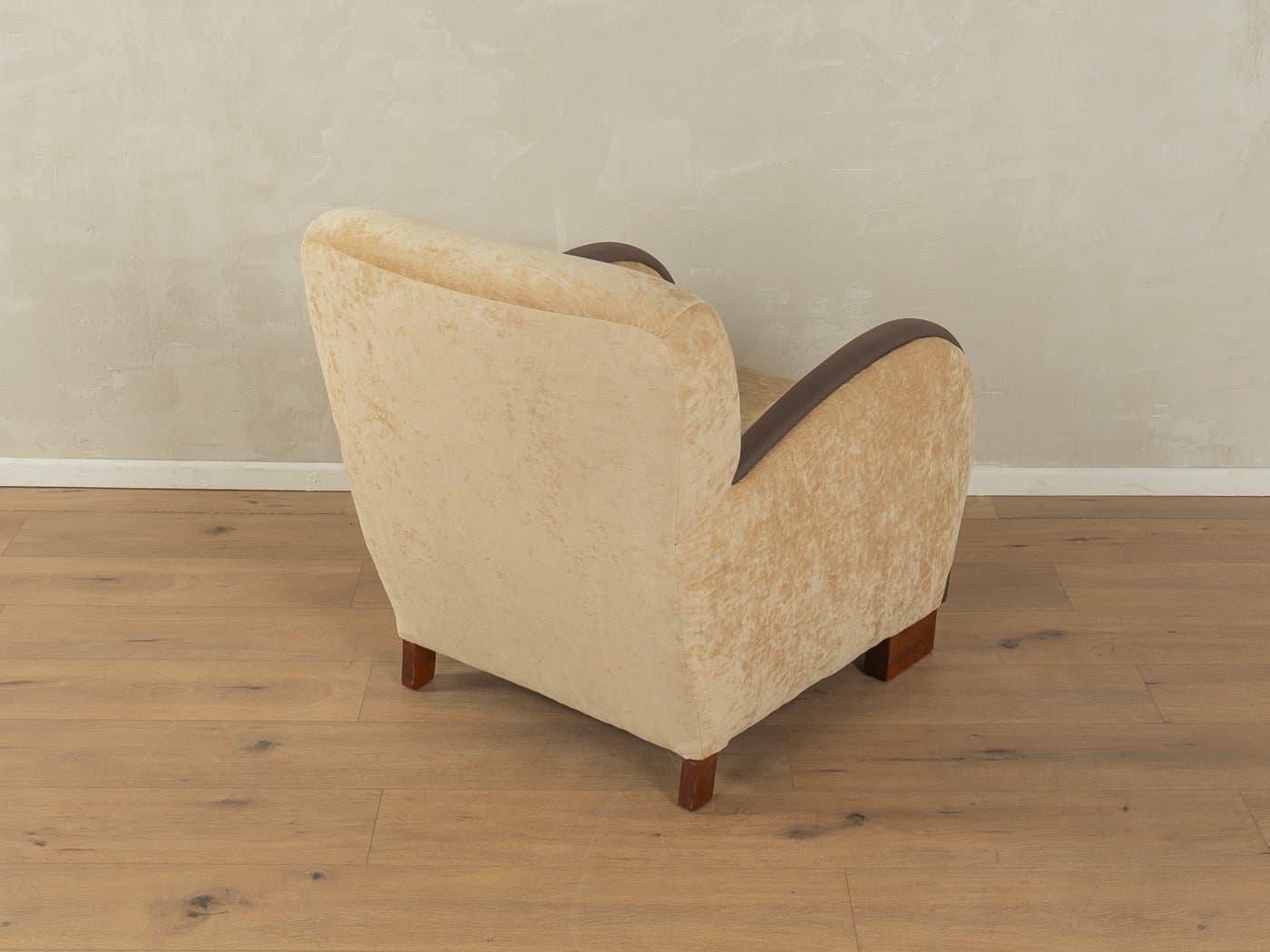 Fotel lounge Art Deco, bawełna beżowa, skóra ekologiczna brązowa, drewno brązowe, Niemcy, lata 30. - 279287