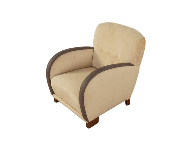 Fotel lounge Art Deco, bawełna beżowa, skóra ekologiczna brązowa, drewno brązowe, Niemcy, lata 30. - WYMIARY