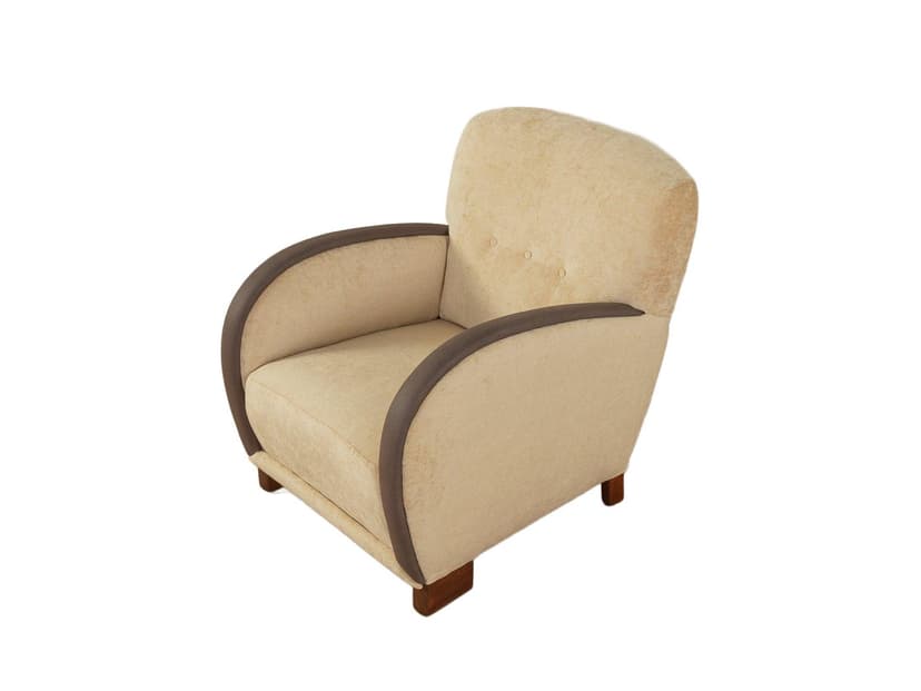 Fotel lounge Art Deco, bawełna beżowa, skóra ekologiczna brązowa, drewno brązowe, Niemcy, lata 30.