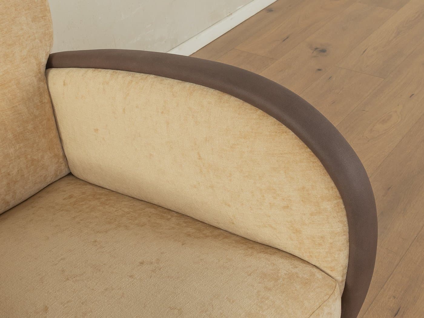 Fotel lounge Art Deco, bawełna beżowa, skóra ekologiczna brązowa, drewno brązowe, Niemcy, lata 30. - 279291