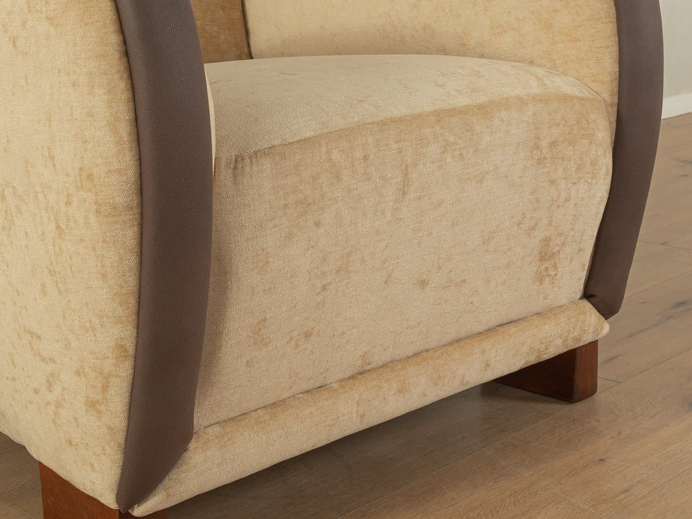 Fotel lounge Art Deco, bawełna beżowa, skóra ekologiczna brązowa, drewno brązowe, Niemcy, lata 30. - 279292