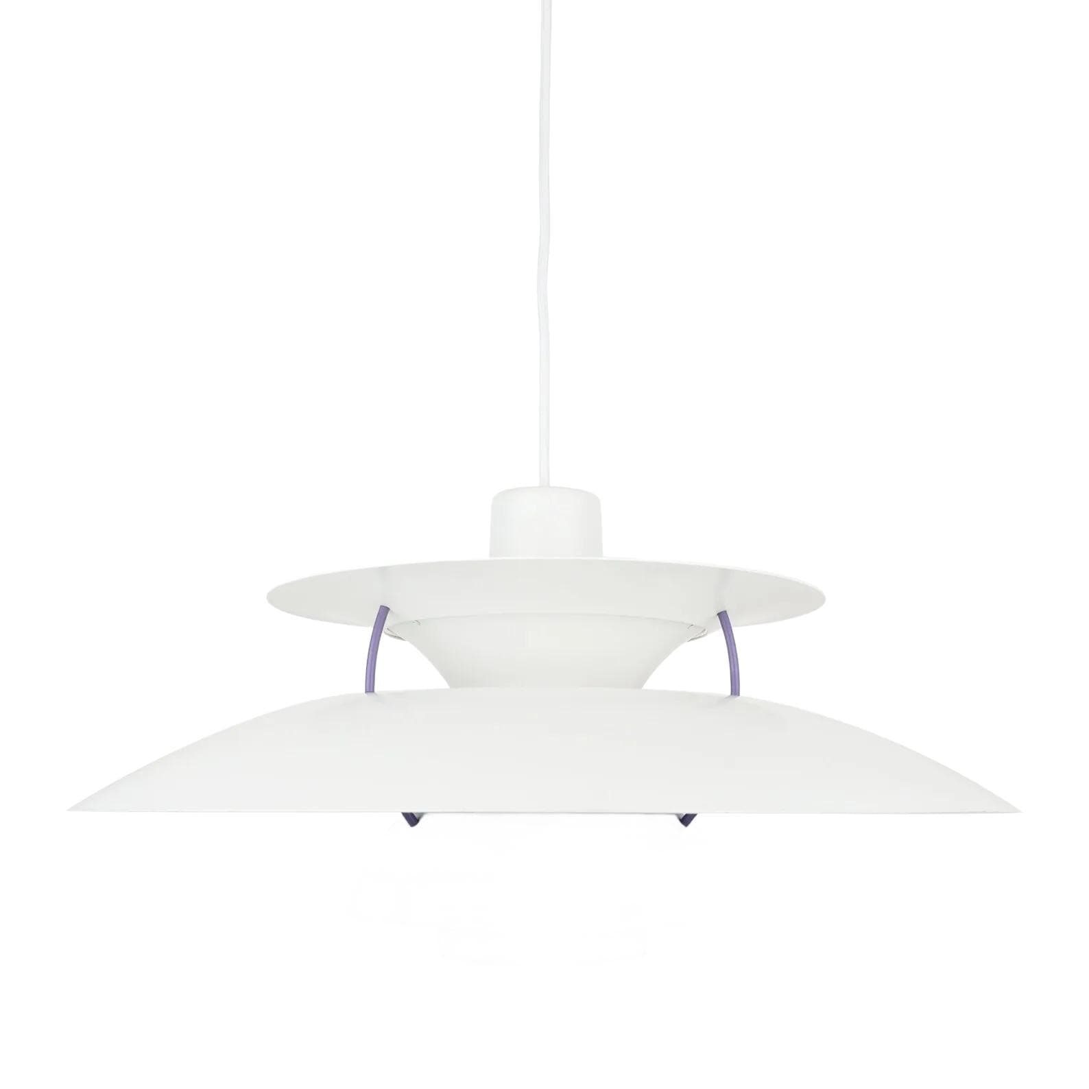 Biała aluminiowa lampa wisząca PH 5, proj. P. Henningsen dla Louis Poulsen, Dania, lata 80.