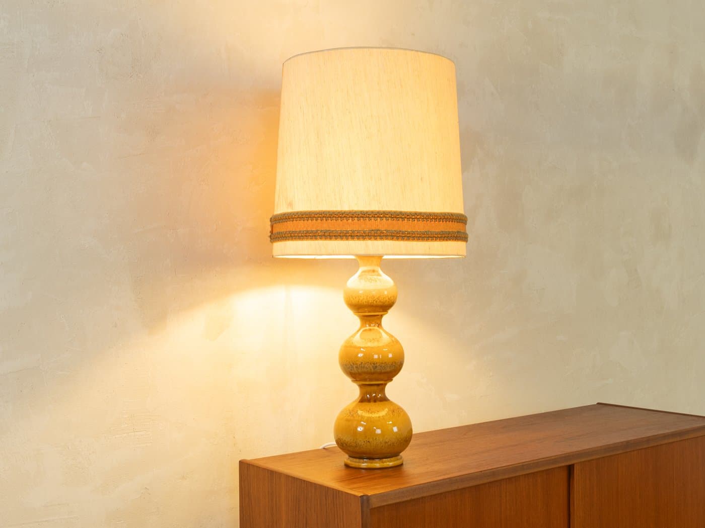 Table Lamp Bubble, brown ceramic, cream silk, Kaiser Leuchten, Germany, 1960s. - 279268