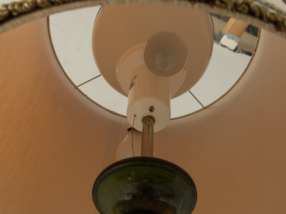 Table Lamp Bubble, green ceramic, cream silk, Kaiser Leuchten, Germany, 1960s. - 279183