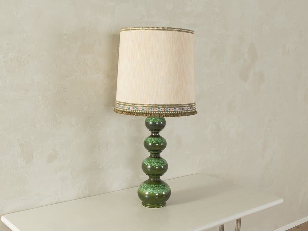 Table Lamp Bubble, green ceramic, cream silk, Kaiser Leuchten, Germany, 1960s. - 279180