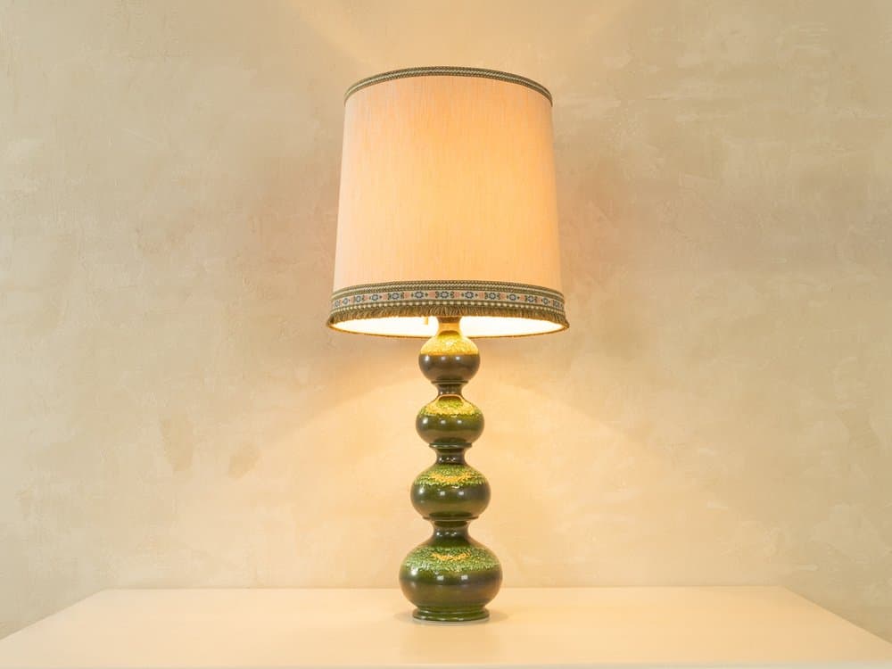 Table Lamp Bubble, green ceramic, cream silk, Kaiser Leuchten, Germany, 1960s. - 279179