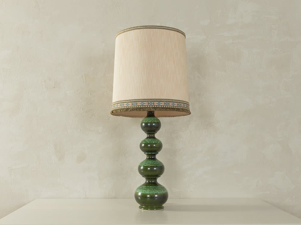 Table Lamp Bubble, green ceramic, cream silk, Kaiser Leuchten, Germany, 1960s. - 279185
