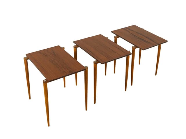 Zestaw trzech stolików wsuwanych, brązowy, buk, orzech, Dania, lata 60. - WYMIARY