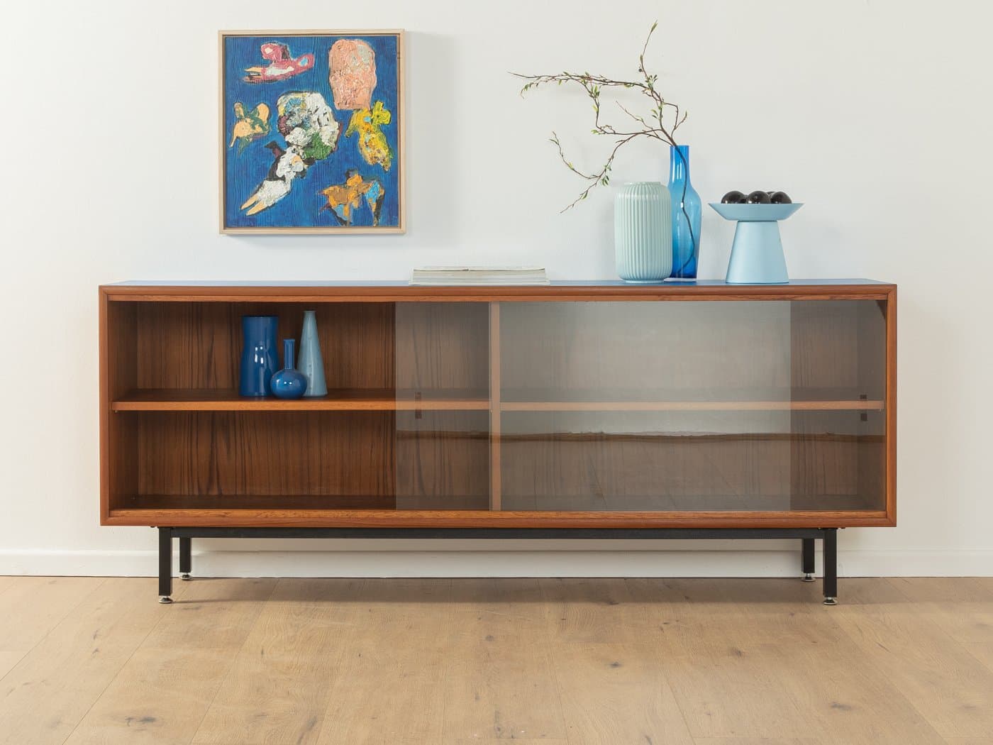 Sideboard, blat Formica niebieski, teak brązowy, stal czarna, szkło przezroczyste, Niemcy, lata 60. - 279080