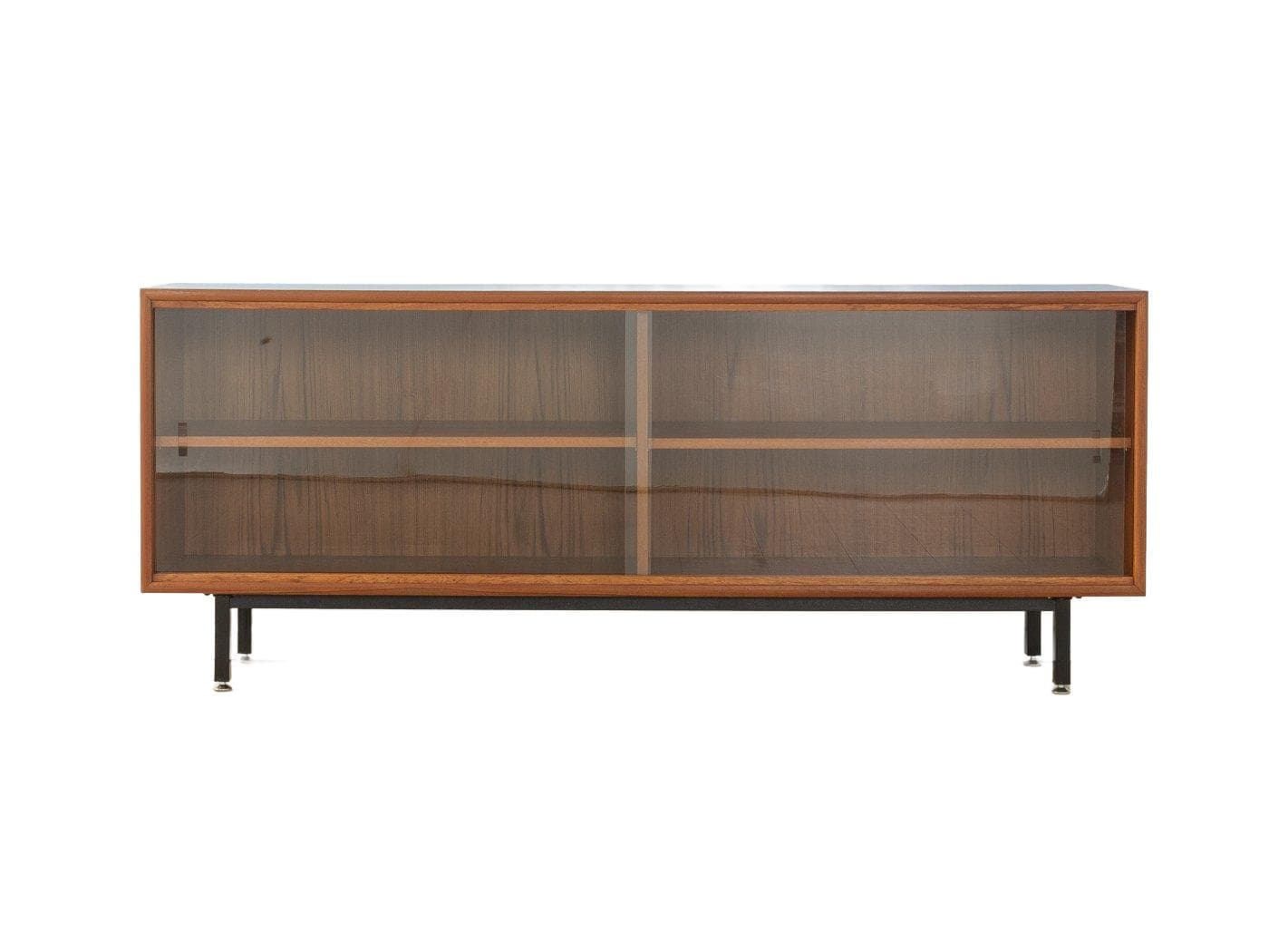 Sideboard, blat Formica niebieski, teak brązowy, stal czarna, szkło przezroczyste, Niemcy, lata 60.