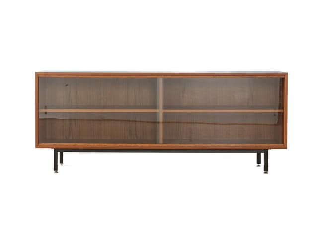 Sideboard, blat Formica niebieski, teak brązowy, stal czarna, szkło przezroczyste, Niemcy, lata 60. - WYMIARY