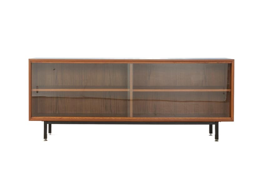 Sideboard, blat Formica niebieski, teak brązowy, stal czarna, szkło przezroczyste, Niemcy, lata 60.