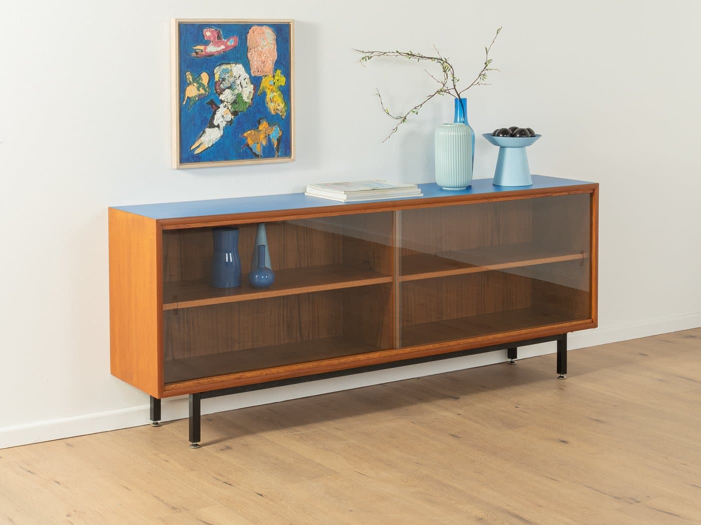 Sideboard, blat Formica niebieski, teak brązowy, stal czarna, szkło przezroczyste, Niemcy, lata 60. - 279081