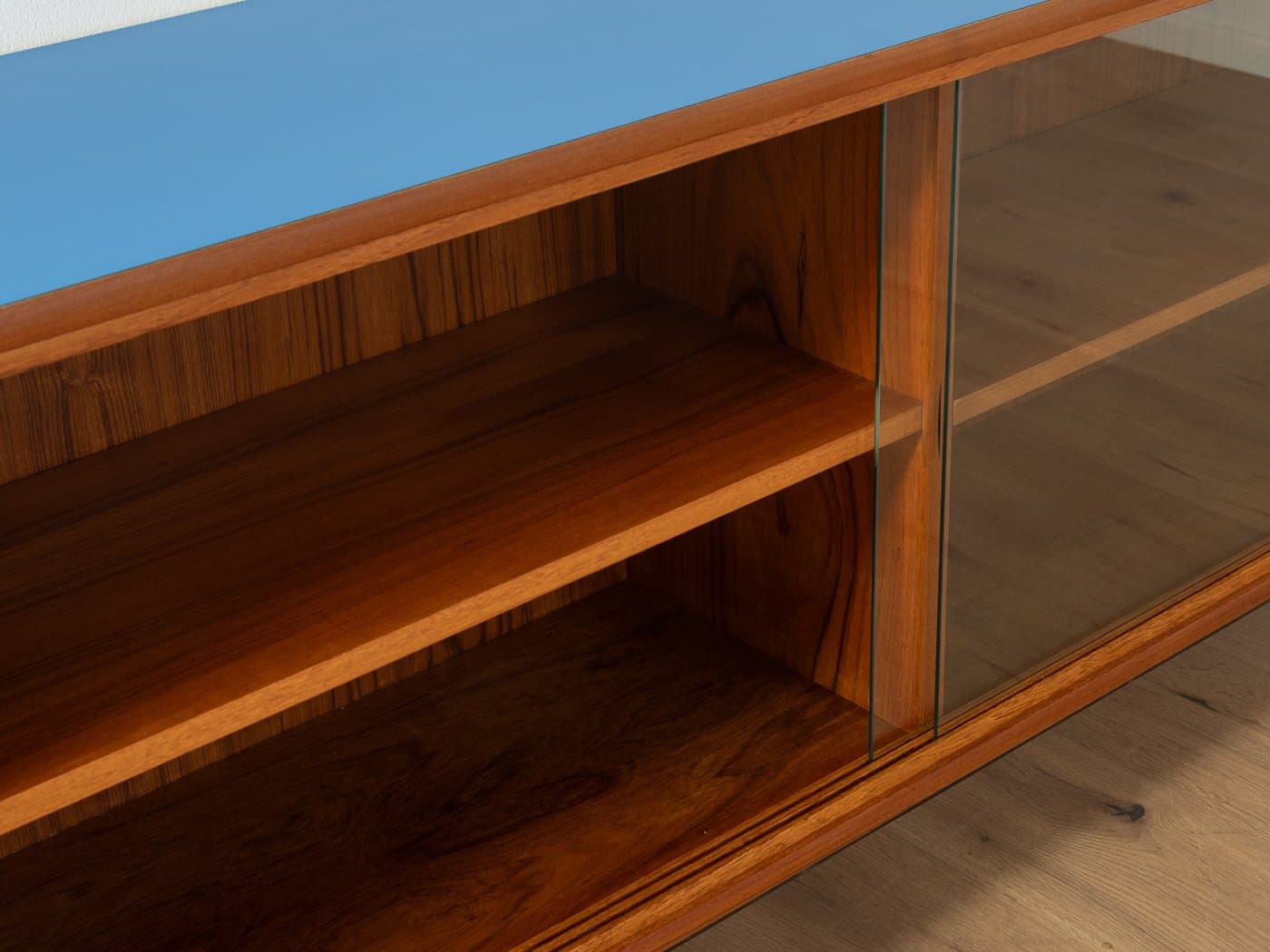 Sideboard, blat Formica niebieski, teak brązowy, stal czarna, szkło przezroczyste, Niemcy, lata 60. - 279083