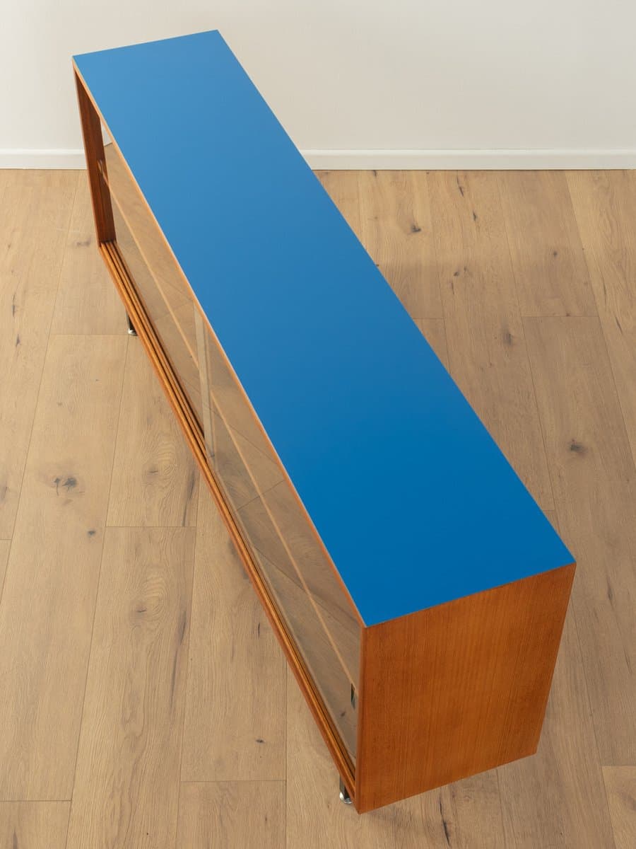 Sideboard, blat Formica niebieski, teak brązowy, stal czarna, szkło przezroczyste, Niemcy, lata 60. - 279082