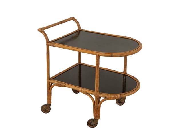 Barek na kółkach, bambus brązowy, formika czarna, Niemcy, lata 50. - WYMIARY