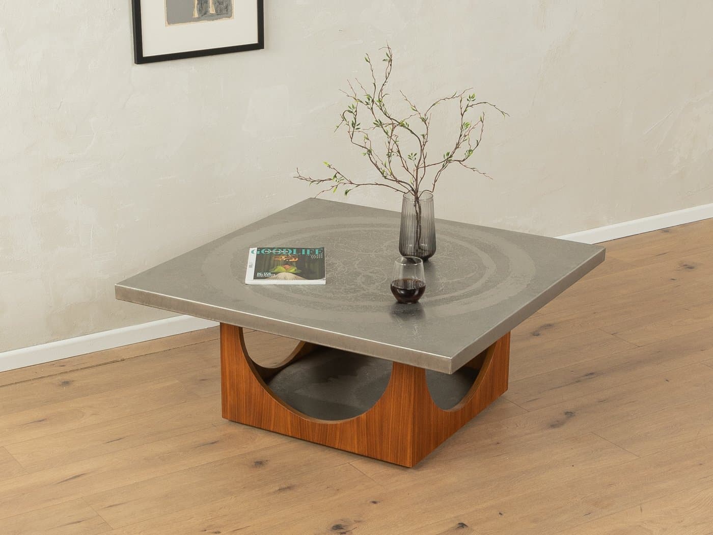 Coffee table, grey stainless steel, brown walnut, by H. Lilienthal, Germany, 1970s. - 279031