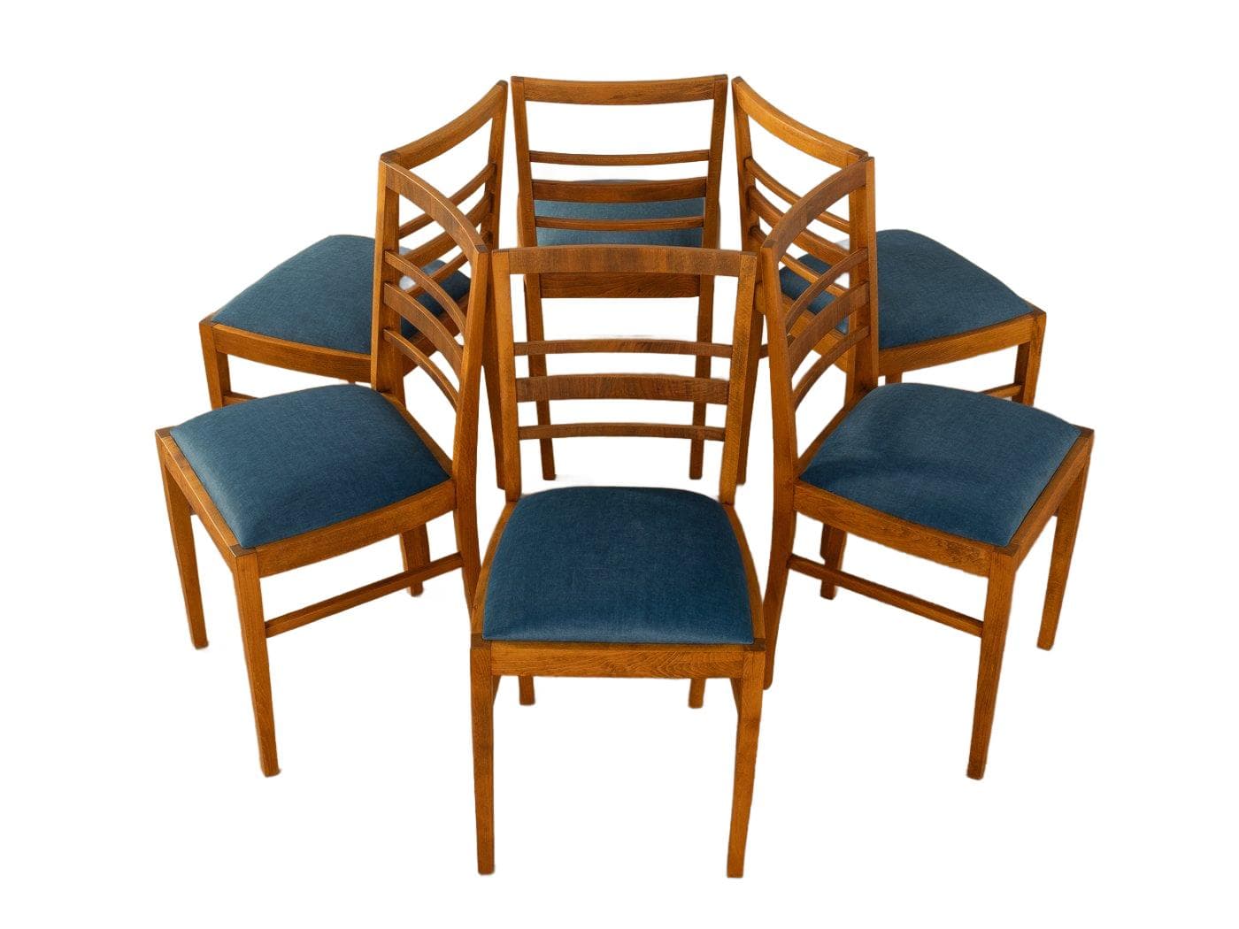 Zestaw sześciu krzeseł jadalnianych Art Deco, tkanina niebieska, buk brązowy, Niemcy, lata 30.