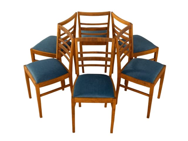 Zestaw sześciu krzeseł jadalnianych Art Deco, tkanina niebieska, buk brązowy, Niemcy, lata 30. - WYMIARY