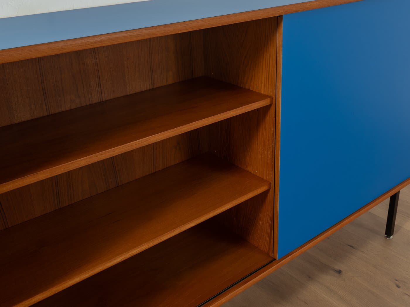 Kredens, niebieski, teak, stal czarna, Formica, Niemcy, lata 60. - 278737