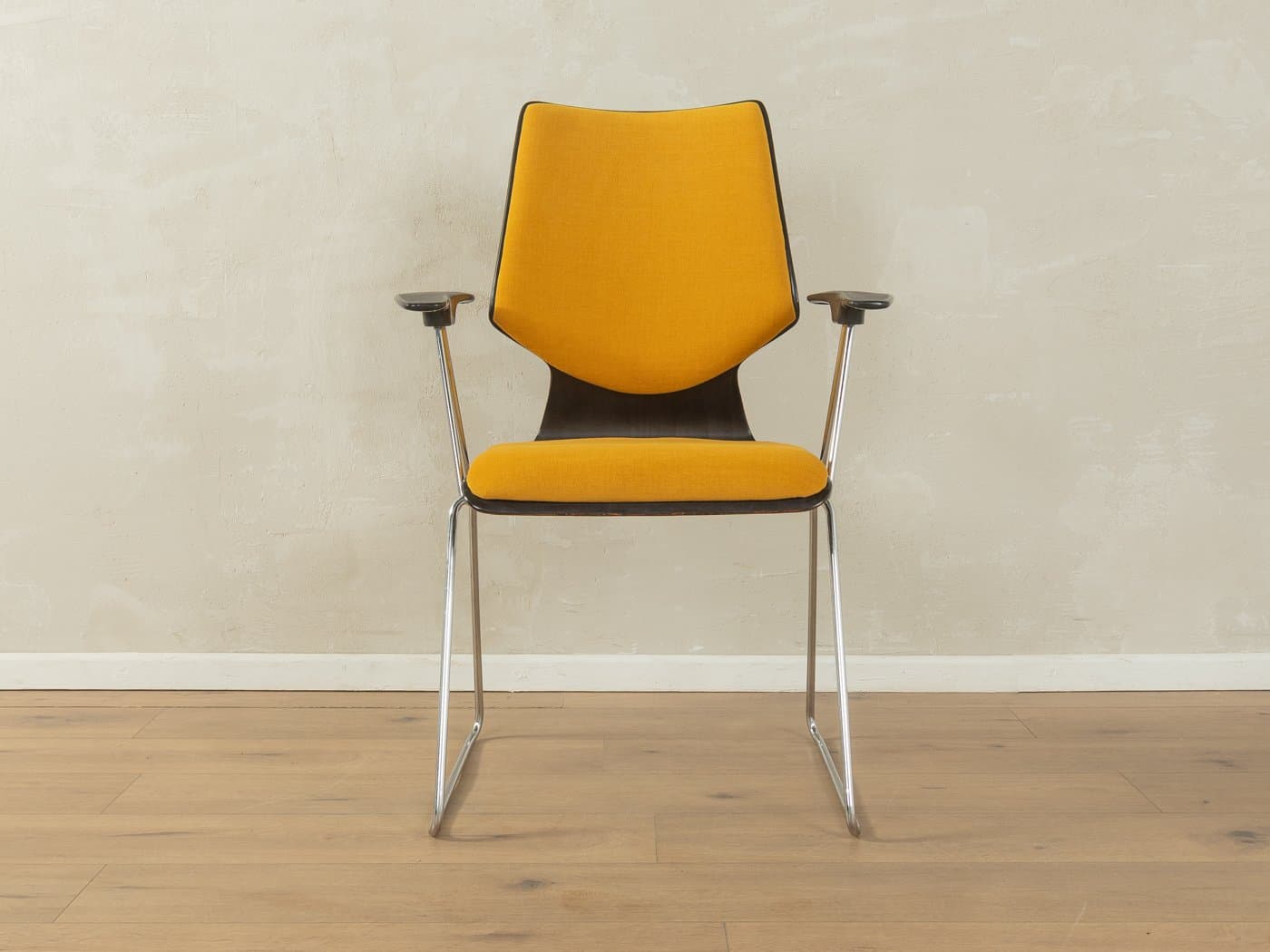 Krzesło jadalniane, musztardowy, tkanina, sklejka czarna, stal chromowana, Niemcy, lata 70. - 278650