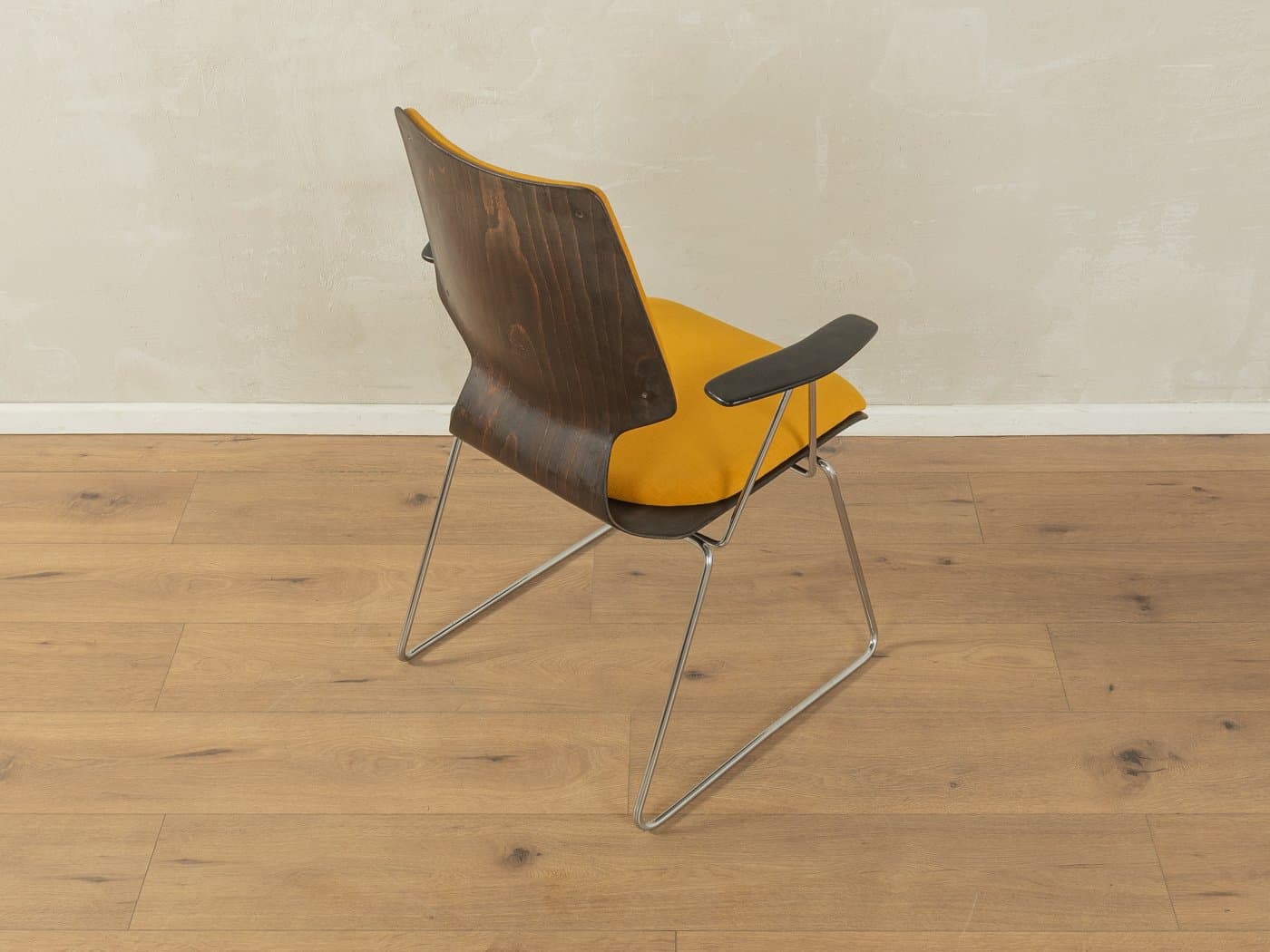 Krzesło jadalniane, musztardowy, tkanina, sklejka czarna, stal chromowana, Niemcy, lata 70. - 278651