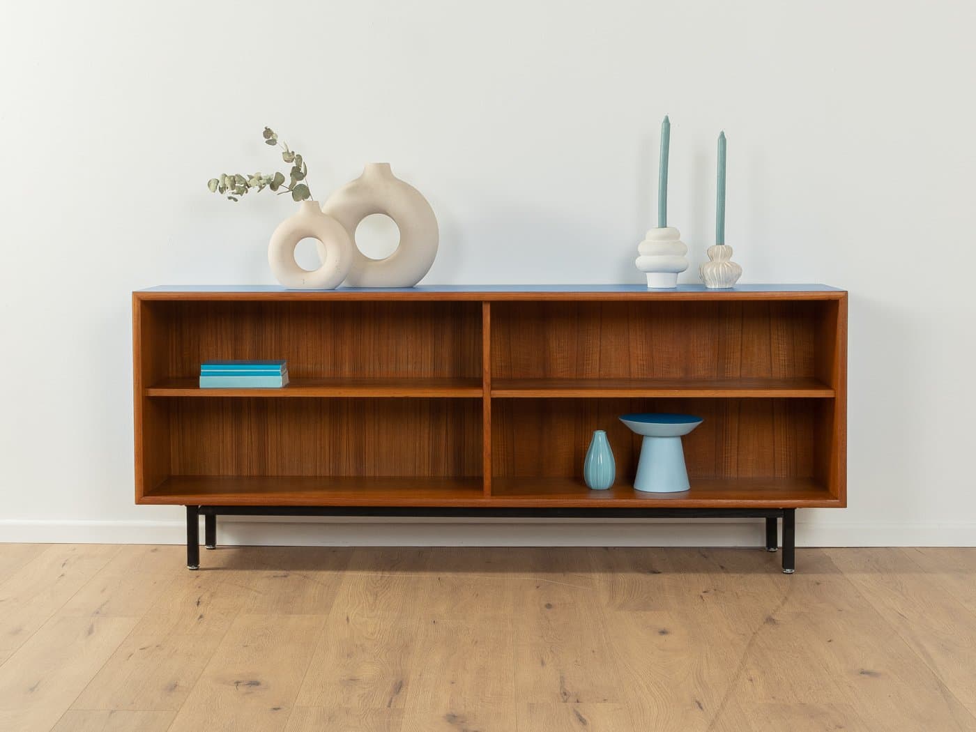 Sideboard, teak brązowy, stal czarna, Formica niebieska, Niemcy, lata 60. - 278618
