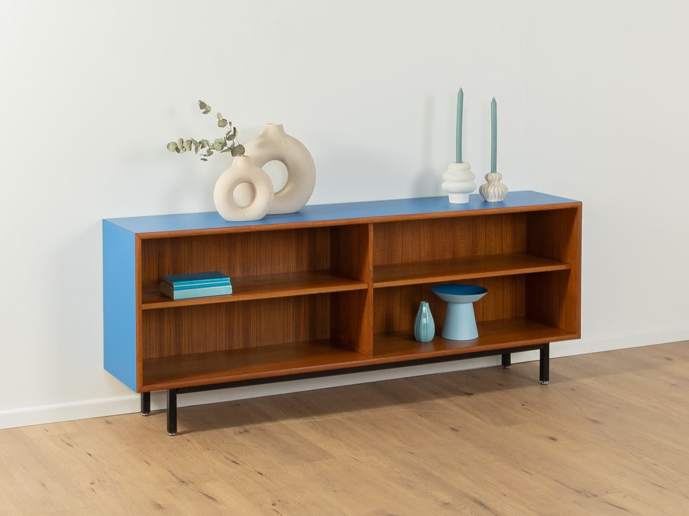 Sideboard, teak brązowy, stal czarna, Formica niebieska, Niemcy, lata 60. - 278619