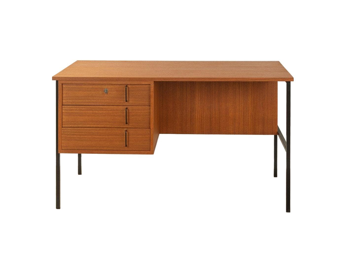 Desk, brown teak, black steel, by G. Renkel, Germany, 1960s.