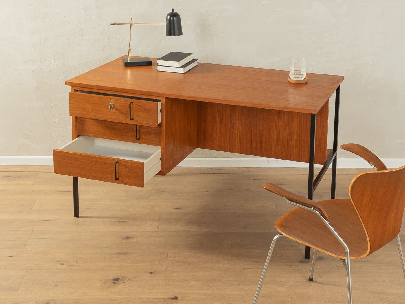 Desk, brown teak, black steel, by G. Renkel, Germany, 1960s. - 278609