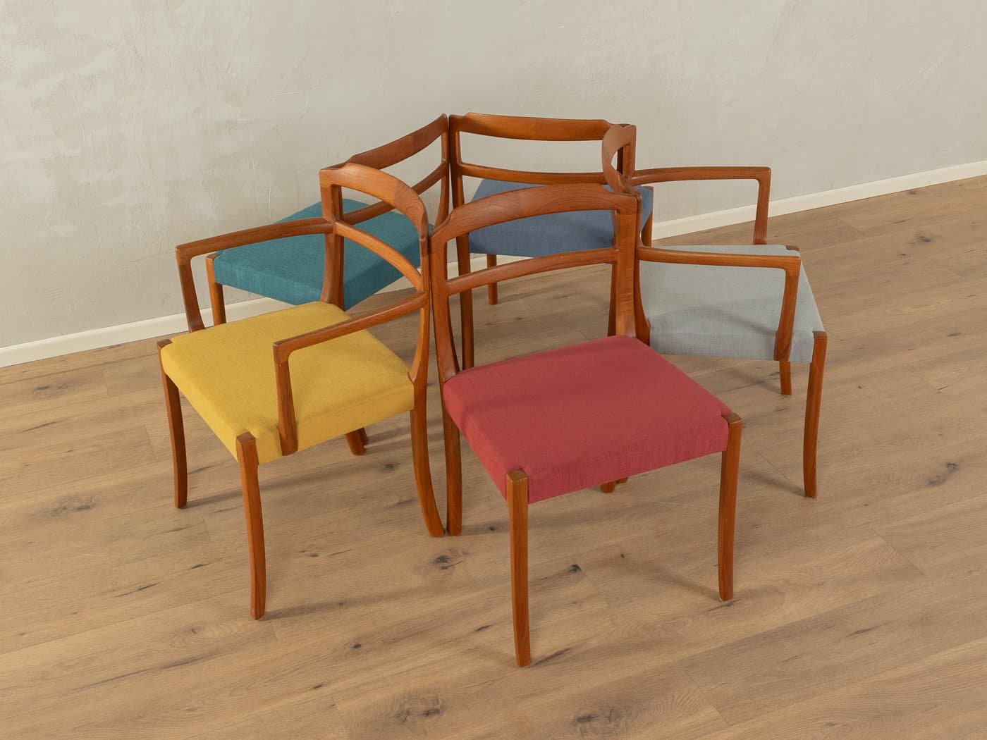 Zestaw pięciu krzeseł jadalnianych, multikolor, teak, tkanina, proj. O. Wanscher, Dania, lata 60. - 278596