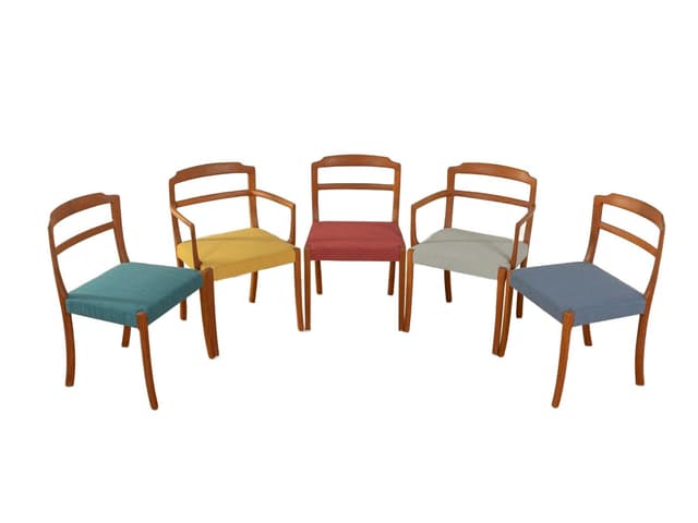 Zestaw pięciu krzeseł jadalnianych, multikolor, teak, tkanina, proj. O. Wanscher, Dania, lata 60. - WYMIARY